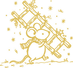 Fototapeta premium Hand drawn mouse carrying wooden ladder with festive decorations