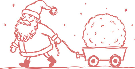 Fototapeta premium Santa claus pulling wagon with large snowball sketch
