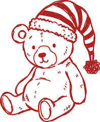 Fototapeta premium Hand drawn teddy bear wearing striped santa hat