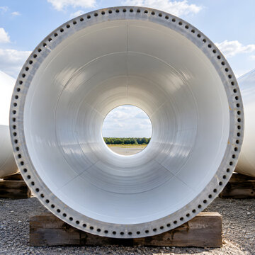 Looking through a white wind turbine tower section with a bolted steel flange, resting on wooden supports in a gravel storage yard under blue sky