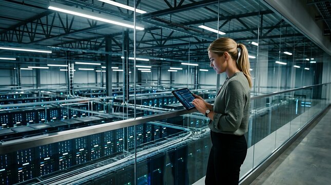 A blonde woman in a green blouse works on a tablet overlooking a vast server room from a glass walkway