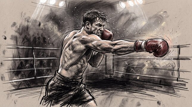 Muscular Boxer Throwing Powerful Punch in Ring Sketch Illustration