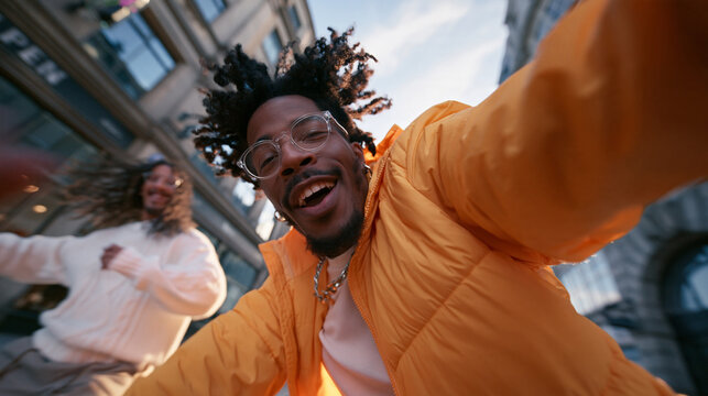 Happy Young Man Taking Dynamic Selfie With Friend in City