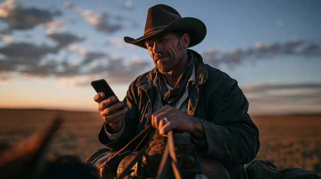 Cowboy Using Smartphone in Rural Landscape at Sunset
