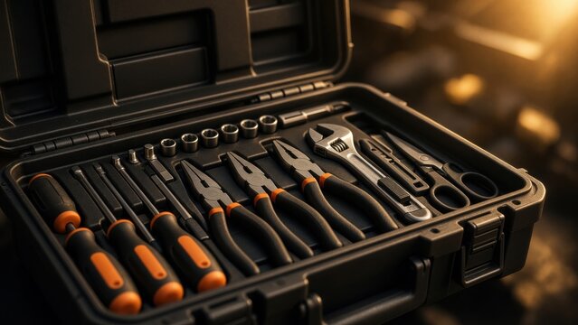 Open Black Toolbox with Pliers, Screwdrivers and Adjustable Wrench
