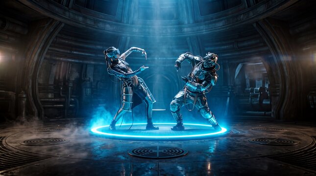 Futuristic Cyberpunk Dancers in Neon Sci-Fi Chamber