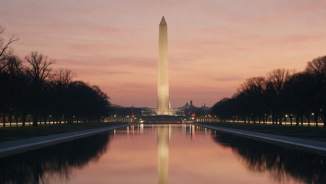 Washington Monument Reflected in Reflecting Pool at Dawn