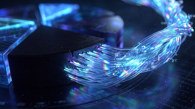 Glowing Fiber Optic Data Stream Connecting to Pie Chart