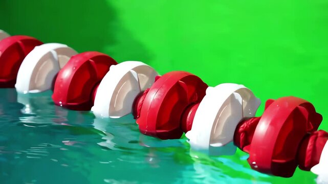Floating pool lane divider rope with plastic floats bobbing against a green screen background for chroma key compositing