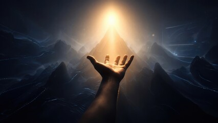 Fototapeta premium Open Hand Reaching Toward Glowing Light Above Dark Mountains