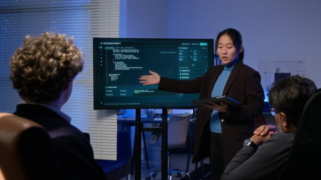Young adult Asian woman presenting cybersecurity code on monitor to colleagues in rear view using digital tablet. Ideal for corporate IT training and software development commercials