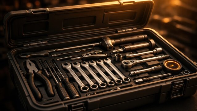 Open Toolbox with Wrenches, Pliers and Ratchet in Warm Light