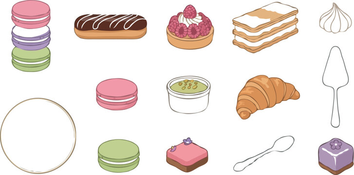 French pastry and bakery dessert vector element set featuring colorful macarons chocolate eclair raspberry tart mille-feuille croissant creme brulee meringue and cake slice icons