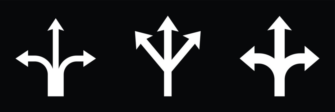 Three white arrow forks against a black background represent diverging paths and directional choices arrows divergence direction options navigation guidance decision split