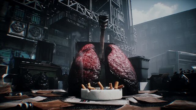 Damaged human lungs discarded in a garbage bin, symbolizing the harmful effects of smoking, tobacco addiction, lung disease, respiratory damage and health risks.