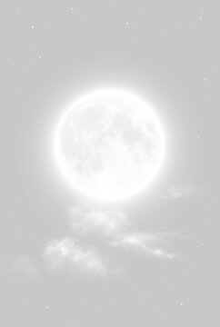Luminous full moon with glowing halo and clouds on transparent background. Realistic moonlight overlay effect with starry sparkles for night sky design