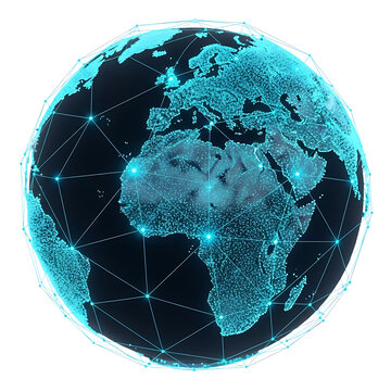 Glowing digital globe showing a network of interconnected nodes and lines over the african continent