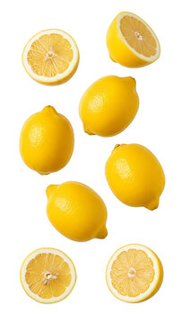 Multiple bright yellow lemons and sliced halves floating in mid-air against a transparent background