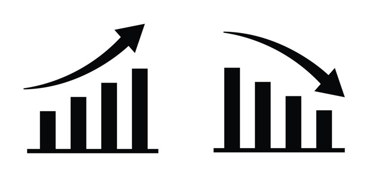 Black bar chart with growing and falling arrows vector icon set isolated on white background