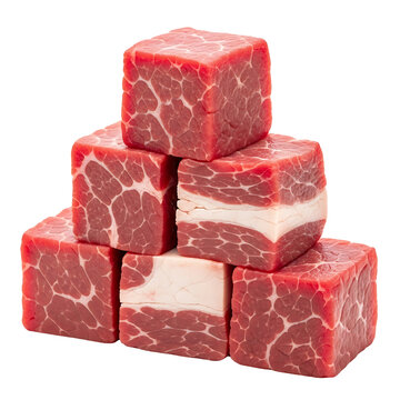 Stack of raw beef meat cubes arranged in a pyramid shape isolated on a clear transparent background