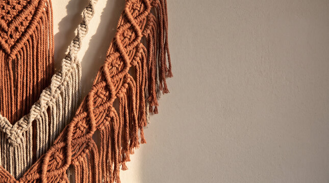 Woven Macrame Wall Hanging Texture with Diagonal Knotted Rope Pattern Background