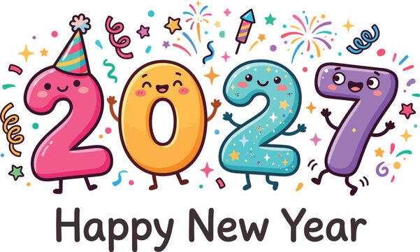 Colorful cartoon numbers two zero two seven celebrate the new year with festive elements