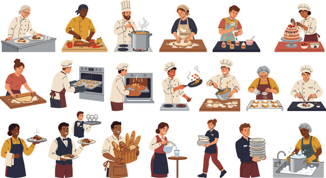 Diverse professional kitchen staff chefs and restaurant workers cooking food baking desserts decorating cakes and serving delicious meals vector