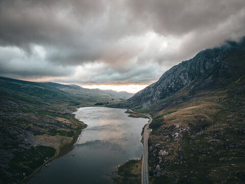 Aerial view of Llyn Ogwen and the A5 road in Eryri