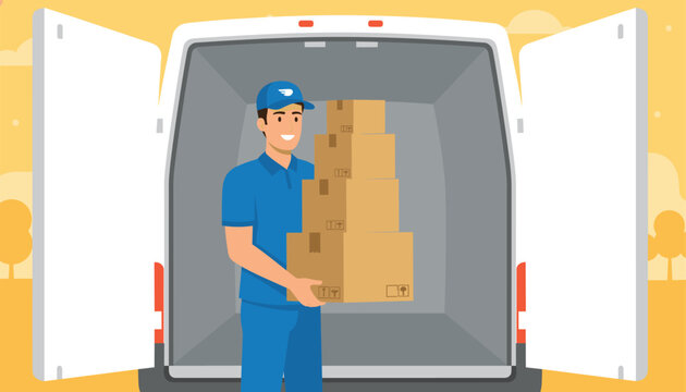 Delivery worker wearing a blue uniform carrying a tall stack of cardboard boxes inside a cargo van.