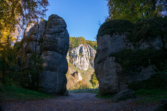 Brama Krakowska - rocks forming the gate, located in Prądnik Valley. Ojc&oacute;w National Park, Poland.