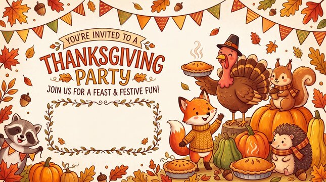 Thanksgiving Party Invitation Template with Cute Woodland Animals, Turkey with Pie, Pumpkins and Copy Space