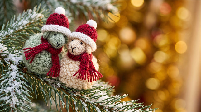 Knitted sheep ornaments in red hats and scarves on snowy Christmas tree branch