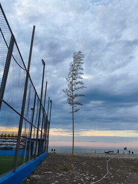 Chain link fence on soccer field and sky background.