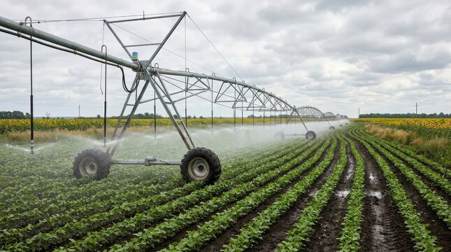 Closeup of a center pivot irrigation system watering a green field of crops with a rainbow visible in the mist under a cloudy sky