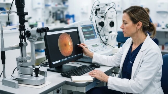 Ophthalmology specialist reviews retinal scan beside slit lamp microscope, OCT console, and fundus camera for diabetic retinopathy screening.