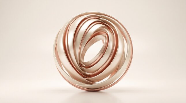 Rose gold metallic abstract sphere, swirling copper 3D orb, elegant luxury design element for premium branding and technology concepts