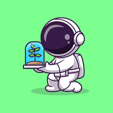 Cute Astronaut Holding Plant In Bottle Cartoon