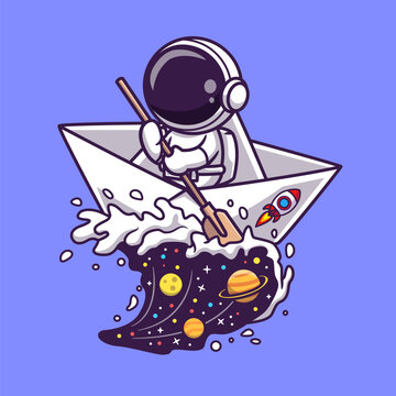 Cute Astronaut Paddling Paper Boat In Space Wave Cartoon
