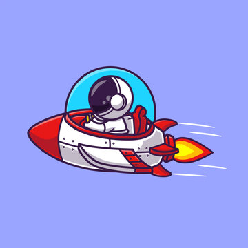 Cute Astronaut Riding Spaceship Rocket Cartoon