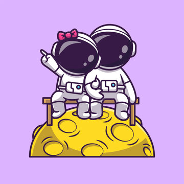 Cute Astronaut Couple Sitting With Bench On Moon Cartoon 
