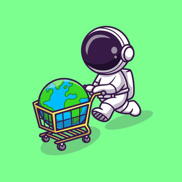 Cute Astronaut Bring Earth World Globe On Trolley Cartoon
