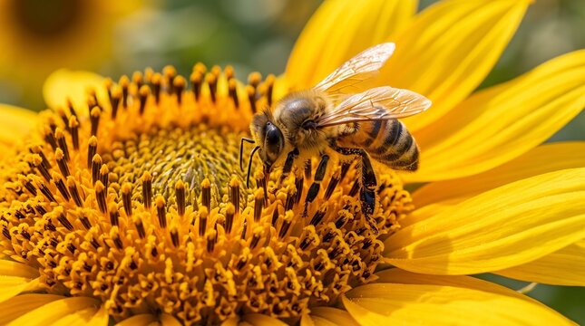 Bee collects pollen from the vibrant yellow center of a blooming sunflower in a garden setting.