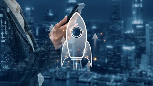Startup launch and business growth concept, rocket symbolism, entrepreneurship, startup innovation, and early-stage success strategies for new business development and expansion. Muxer