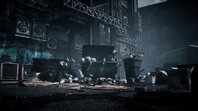 Humanoid Robots Abandoned in a garbade, Symbolizing Obsolete Technology, Artificial Intelligence Waste, and Machines That Have Become Useless and Unwanted