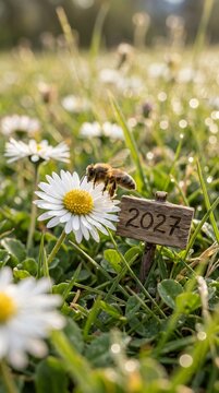 Busy bee pollinating daisy flower with 2027 wooden sign in bright