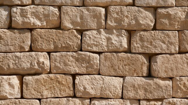 Sunlit Texture of a Stone Wall with Rough Beige Rectangular Blocks