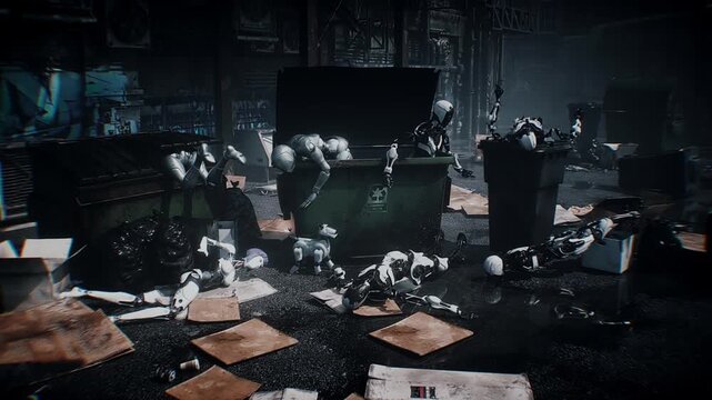 Humanoid Robots Abandoned in a garbade, Symbolizing Obsolete Technology, Artificial Intelligence Waste, and Machines That Have Become Useless and Unwanted