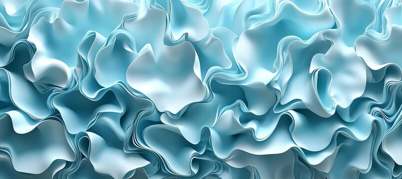 Abstract Background Featuring Elegant Minimalist Flowing Soft Wavy Blue Ruffled 3D Fabric Tiers