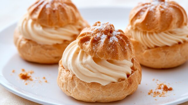 Three delicious cream puffs filled with vanilla chantilly cream on a white plate, close-up shot