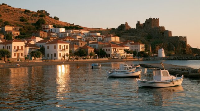 Scenic View of Molyvos Village and Castle at Sunset on Lesvos Island, Greece